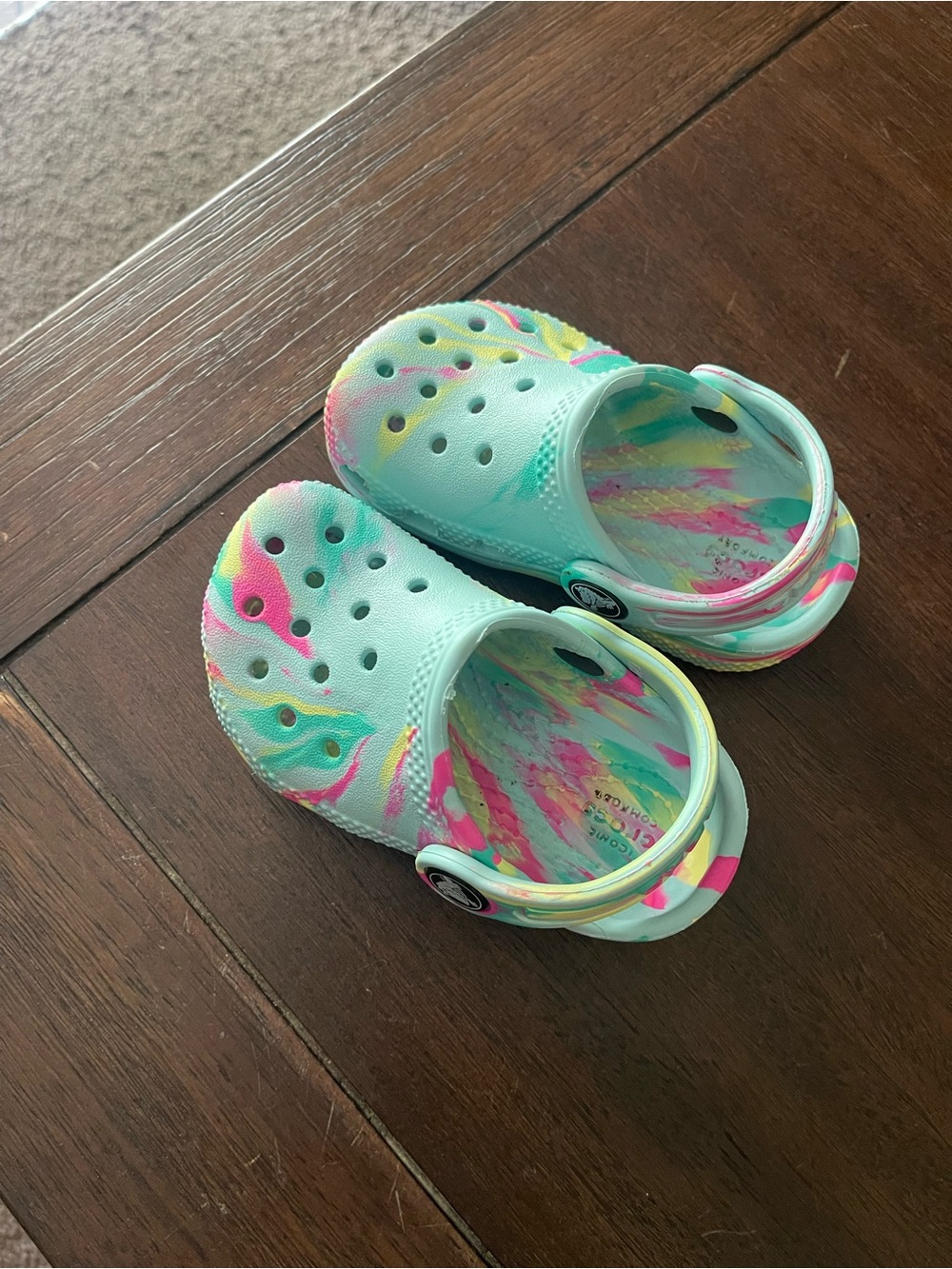 CROCS Kids Tie-Dye Clog Sandals in Aqua, Pink & Yellow - Picture 2 of 5